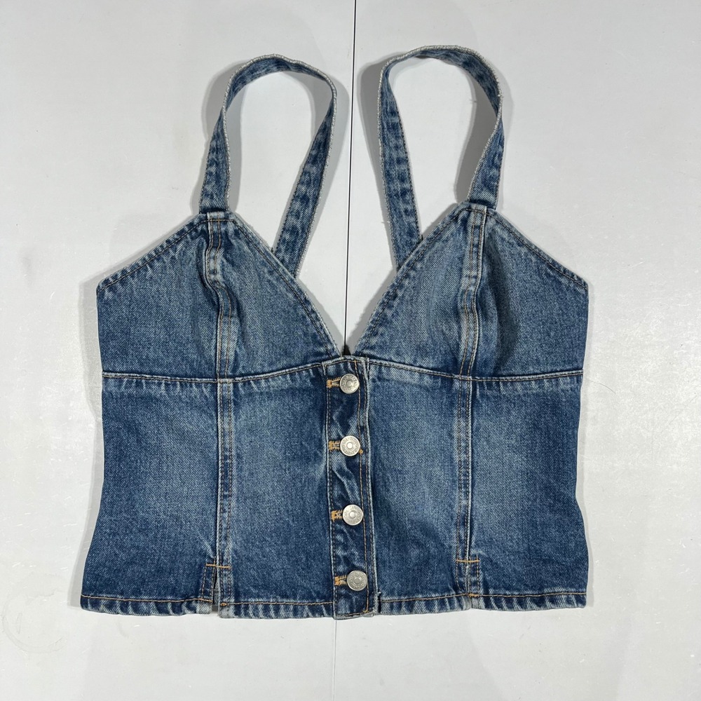 Zara Western Boho Country Denim Babydoll Crop Top Cottagecore Smocked Size Large